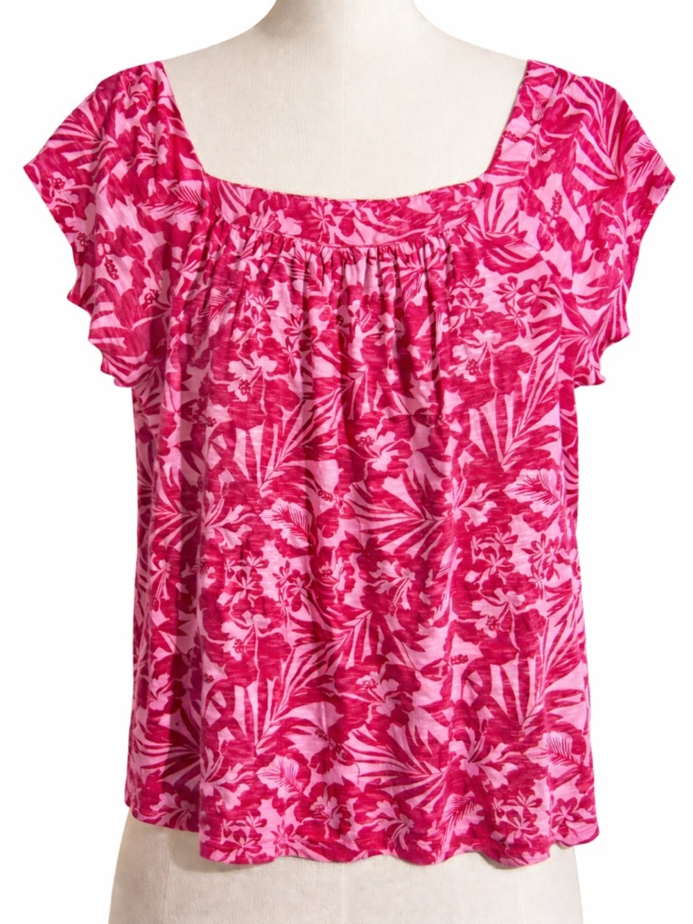 Style & Co. Hot Pink Floral Square Neck Flutter Sleeve Top size Medium